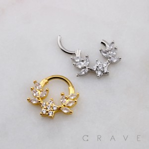 MULTI CLUSTER CZ FLOWER LEAVES SEPTUM HINGED SEGMENT HOOP RING 316L SURGICAL STEEL 